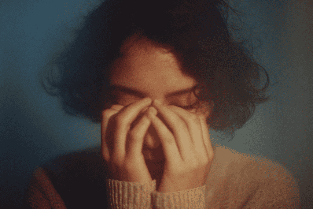 Woman experiencing emotional turmoil and burnout using her hands to cover her nose and mouth.